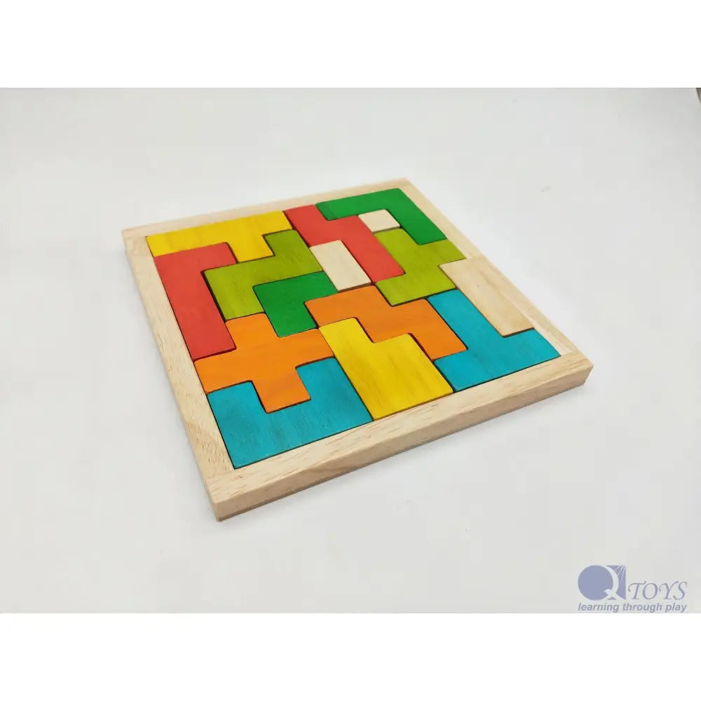 Wooden puzzle with colorful geometric pieces arranged in a square frame.