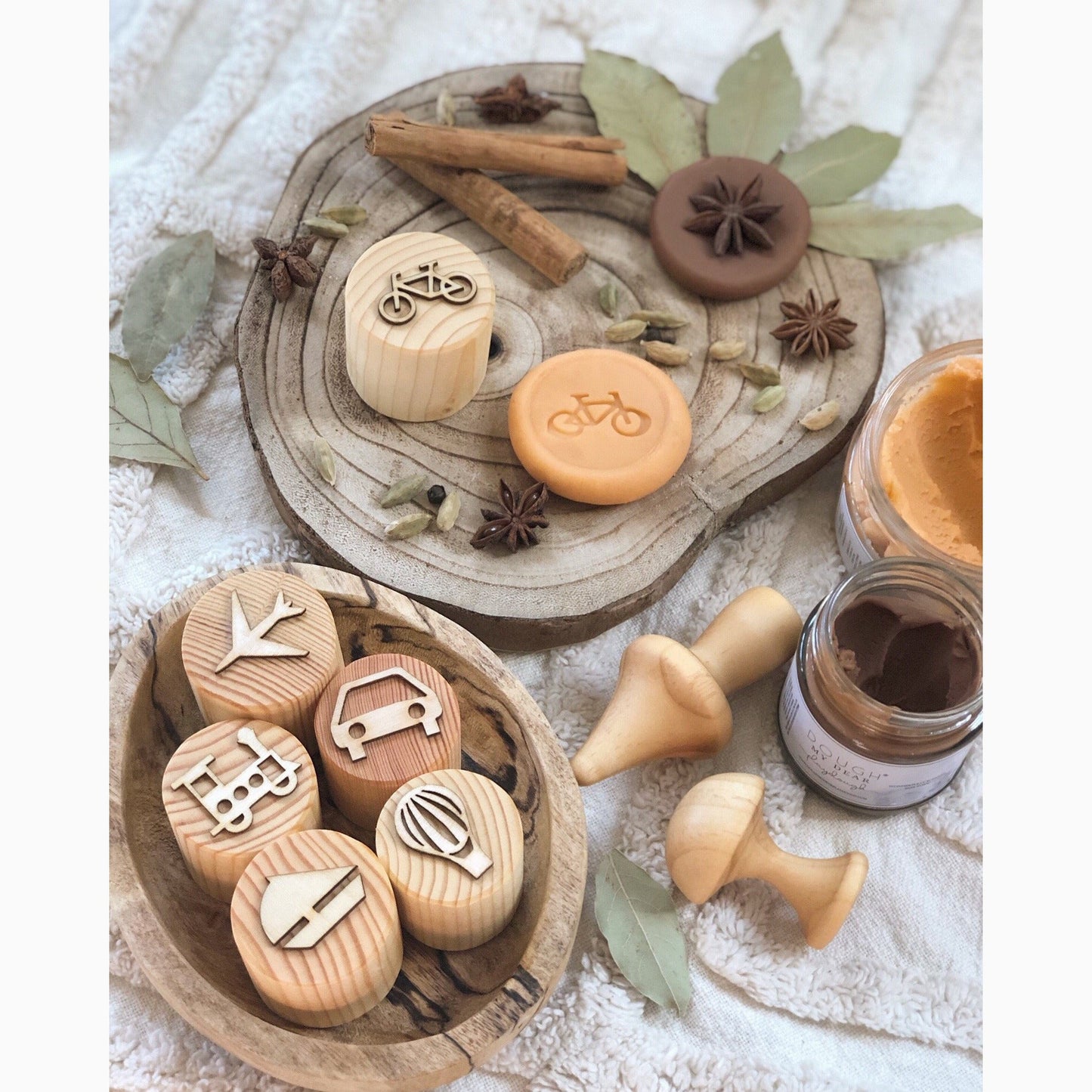 Transportation-Themed Handcrafted Wooden Playdough Stamps