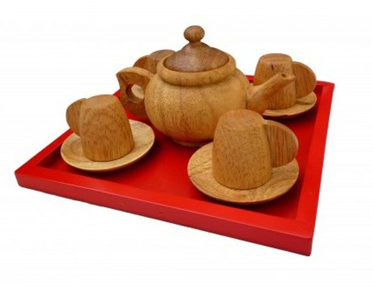 Qtoys Authentic Mahogany Timber Japanese Tea Set